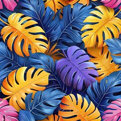 Orange blue pink vector tropical pattern with jungle leaves bohemian decor, seamless textile background. Floral jungle ornament with monstera leaf tropical seamless pattern.
