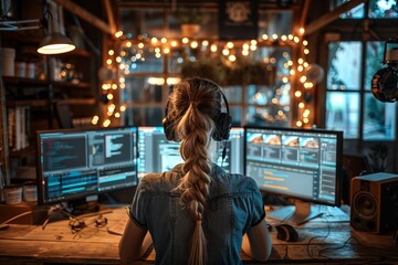 A young professional woman working late at night in a rustic home office setup, focused on her multiple computer monitors while wearing headphones and surrounded by warm string lights, creating an