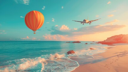 Hot air balloon and airplane flying over the beach at sunset. Scenic photography for design and print. Summer vacation and travel concept.