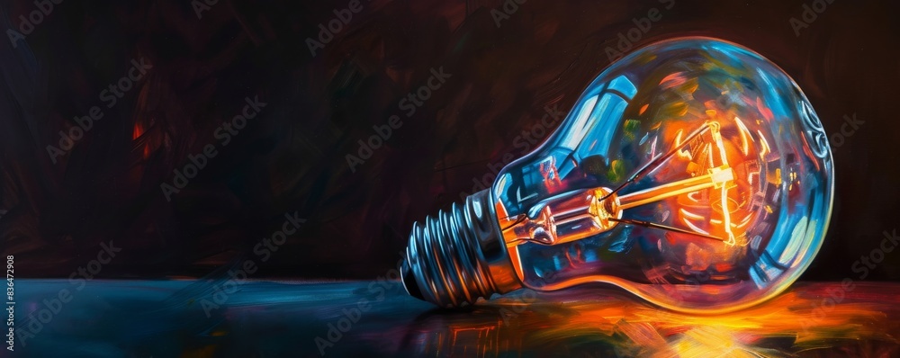 Poster illuminated light bulb lying on a reflective surface with colorful light reflections, vibrant and ar