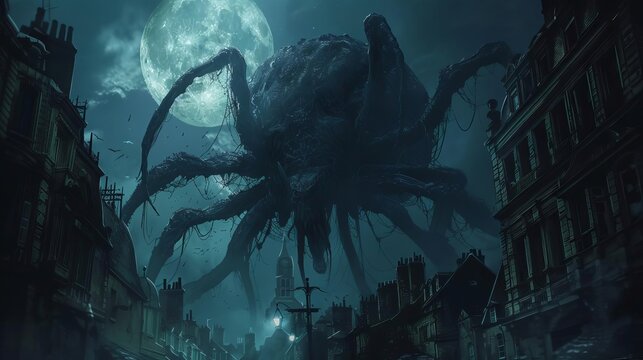 Illustrate a collection of terrifying monsters crawling out of the shadows of a moonlit cityscape