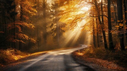 Fototapeta premium Sunbeams illuminate forest road in autumn morning