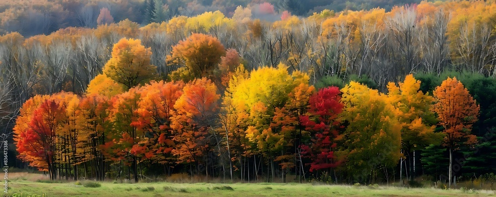 Wall mural colorful autumn trees in rural landscape featuring red, orange, yellow, and brown trees