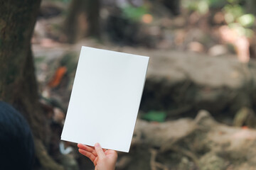 A hand holding a blank sheet of paper in the woods.