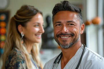 A smiling healthcare professional standing confidently with a stethoscope around his neck, with a female colleague in a blurred background, in a modern medical setting