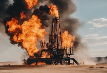 smoke rises into the sky and flames eruptate from an oil rig