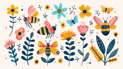 Hand-drawn flat cartoon elements featuring bees, butterflies, and blooming flowers, ideal for spring and Easter designs.