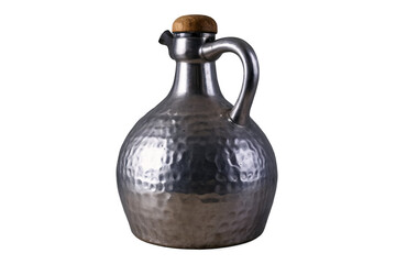 A traditional metal water jug featuring a cork stopper is depicted against a transparent, white background, png format