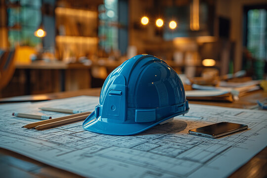 A blue construction helmet sits atop architectural drawings, symbolizing the professional aspect of architecture and design.
 
