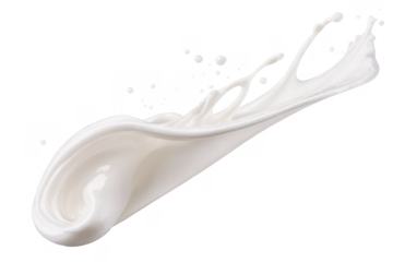 A high-speed photo capturing the dynamic motion of a milk splash on a transparent, white background, presented in png