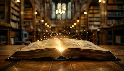 A book is open to a page with a glowing light shining on it