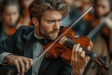 A focused symphony violinist in a formal black suit and bow tie passionately plays during a large orchestra performance, surrounded by fellow musicians