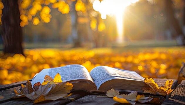 A book is open on a table with leaves scattered around it - Powered by Adobe