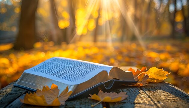 A book is open on a table with leaves on the ground