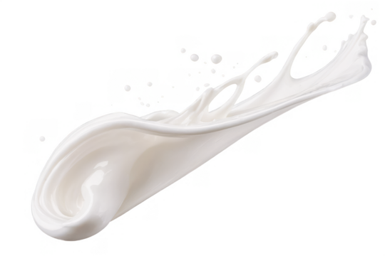 A high-speed photo capturing the dynamic motion of a milk splash on a transparent, white background, presented in png