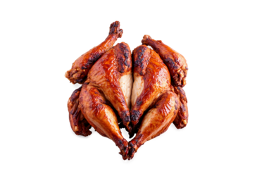 Image features multiple roasted chickens presented in a transparent png format on a white background useful for menus or food articles