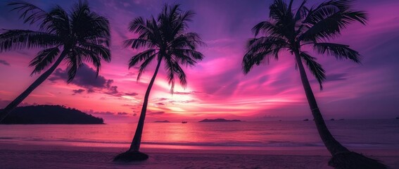 Beautiful sunset on tropical beach with palm trees, panoramic view. Vibrant purple and pink sky over the sea in Phuket island., + photo taken by EOS R5 f/20