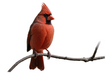 Vivid image of a Red Northern Cardinal bird perched on a branch, set on a transparent, white background as a png