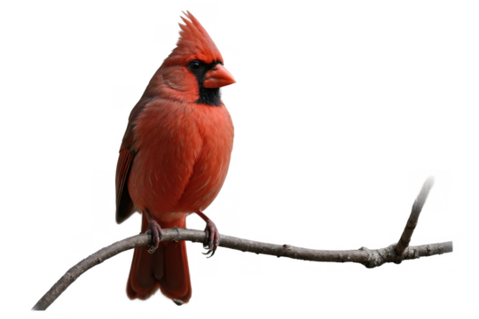 Vivid image of a Red Northern Cardinal bird perched on a branch, set on a transparent, white background as a png