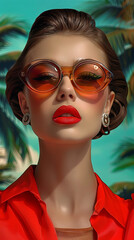 Obraz premium Retro style pastel colors summer background. Fashion woman wearing big sunglasses.