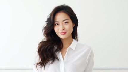  Asian woman with a captivating smile,She's adorned in a timeless white shirt, 