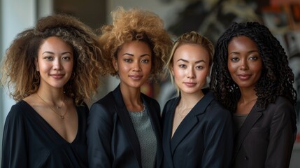 Four confident and diverse professional women standing together in a modern office setting, exemplifying teamwork and corporate success