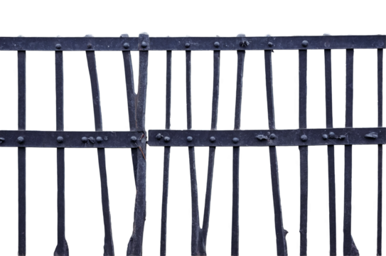 Detailed photo of a section of a classic wrought iron fence, emphasizing its texture, on a transparent white background, png format
