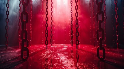Chains hanging in a dark, red-lit room, atmospheric interior. Concept of mystery and suspense