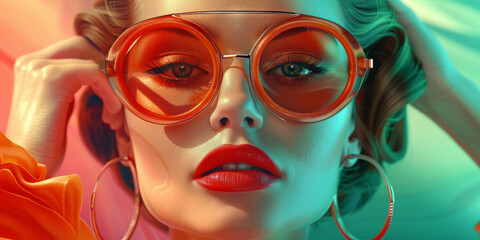 Retro style pastel colors summer background. Fashion woman wearing big sunglasses.
