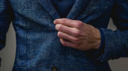He wears a dark blue shirt, highlighting a sharp focus on the details.