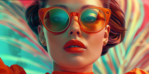 Fototapeta premium Retro style pastel colors summer background. Fashion woman wearing big sunglasses.