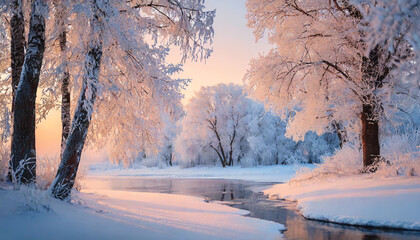 frosted tree crowns against pink sky