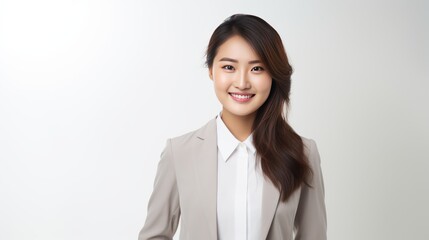  a cheerful young Asian businesswoman holding a tablet 