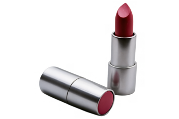 A vibrant red lipstick with open metallic case positioned on a transparent, white background, shown in png format