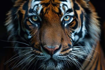 Obraz premium A mesmerizing close-up shot of a majestic tiger's face showcasing its intense, piercing eyes and detailed facial markings, highlighting the beauty and power of this magnificent wild animal