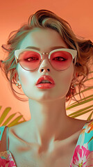 Obraz premium Retro style pastel colors summer background. Fashion woman wearing big sunglasses.