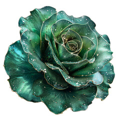 Fototapeta premium A single, teal rose with shimmering petals, isolated on a black background.