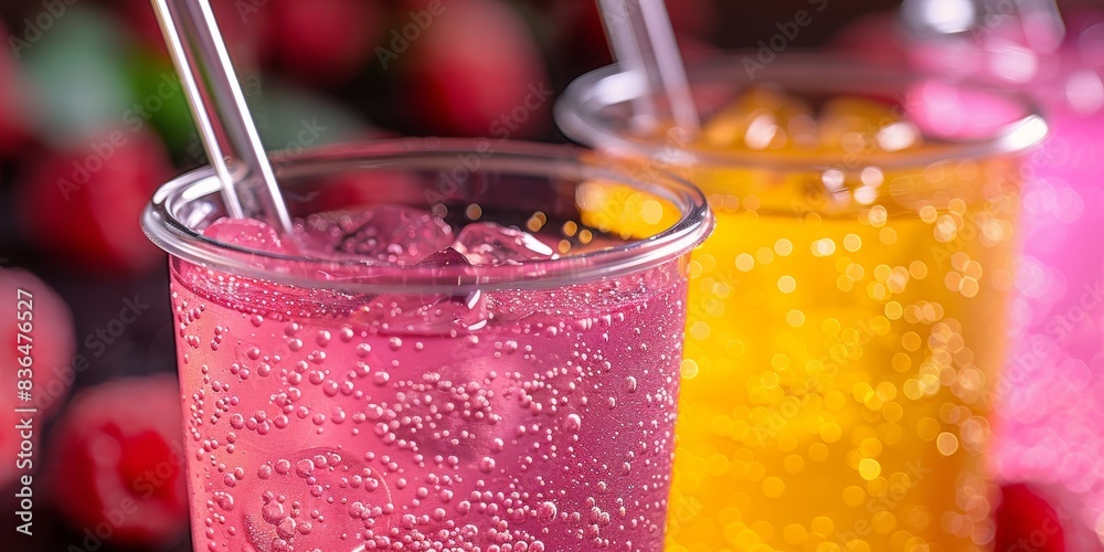 Wall mural two vibrant, fizzy drinks in clear plastic cups, complete with straws, highlighting a close-up of co