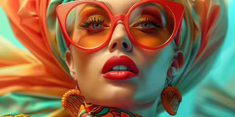 Fototapeta premium Retro style pastel colors summer background. Fashion woman wearing big sunglasses.