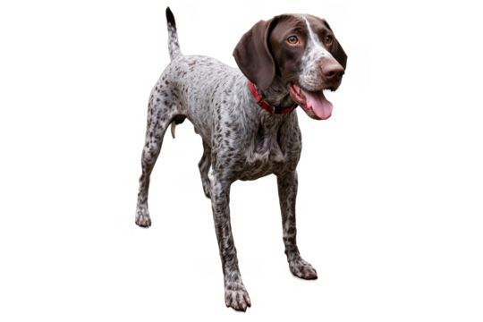 A speckled brown and white dog wearing a red collar is displayed with a transparent, white background in png format