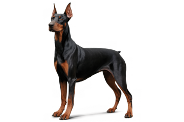 A striking portrait of a black Doberman Pinscher dog posed against a transparent, white background in png format, highlighting its alert expression