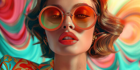 Fototapeta premium Retro style pastel colors summer background. Fashion woman wearing big sunglasses.