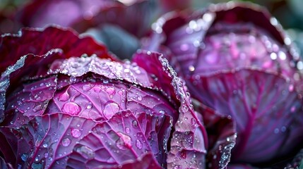 Obraz premium - Crisp 4K UHD image of a red cabbage in focus., Close-up of a red cabbage glistening with water droplets.