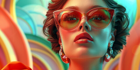 Obraz premium Retro style pastel colors summer background. Fashion woman wearing big sunglasses.