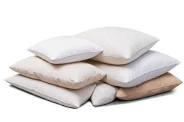 A collection of diverse soft pillows stacked, showcased on transparent, white background, png, for interior design