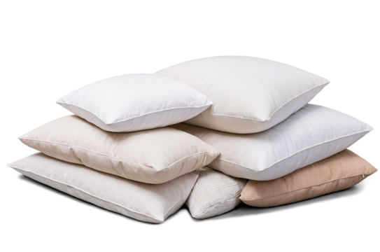 A collection of diverse soft pillows stacked, showcased on transparent, white background, png, for interior design