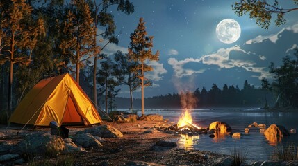 Camping in nature in the forest on the banks of the river, yellow tent, bonfire, moon. Camping, hiking, weekend, tourism. 3D illustration