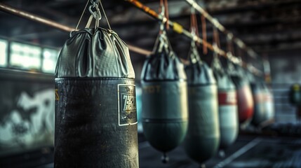 Row of punching bags in an urban-style boxing gym, providing a raw, gritty atmosphere for intense workouts. - Powered by Adobe