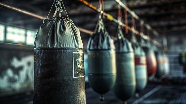 Row of punching bags in an urban-style boxing gym, providing a raw, gritty atmosphere for intense workouts.