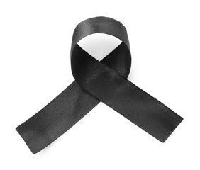 Black awareness ribbon isolated on white, top view
